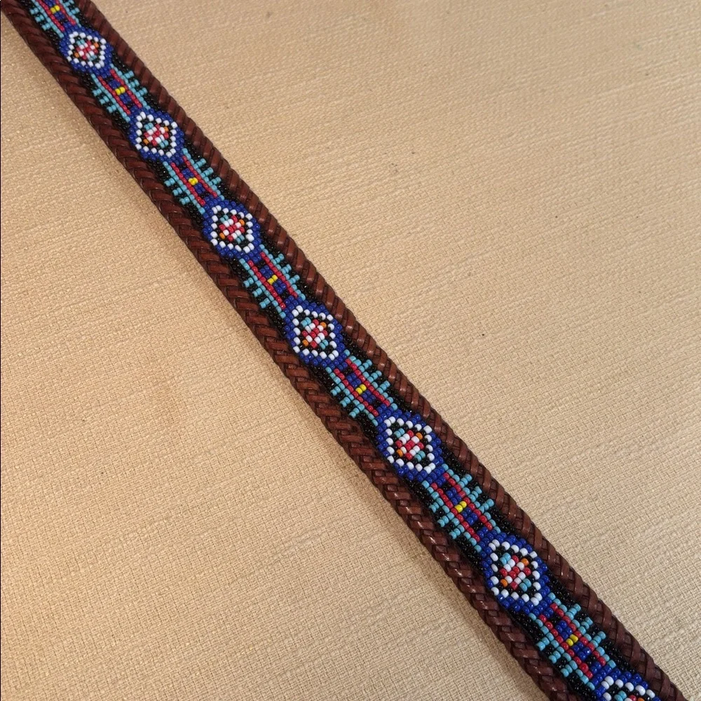 Vintage 90s Eddie Bauer Beaded Western Brown Leather Belt Size 28